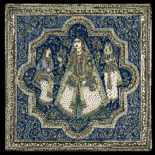 Carreau avec représentation d'une dame et ses suivantes