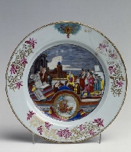 Dish with decoration applied in Europa, coat of arms of Brussels and inscription 'caro de oro fabrica de brusela'