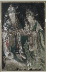 Fragment of a mural painting: two female figures holding a tray with a rock