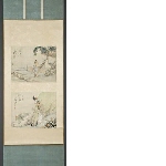 Two paintings mounted in one scroll, by Qian Hui'an (1833-1911): inspired by the poems of Tao Qian ("The murmuring of the stream" and "Plucking chrysanthemums by the eastern fence")